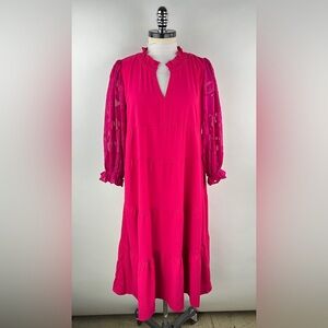 💚 3363. Pink Balloon Sleeve Midi Tiered Dress